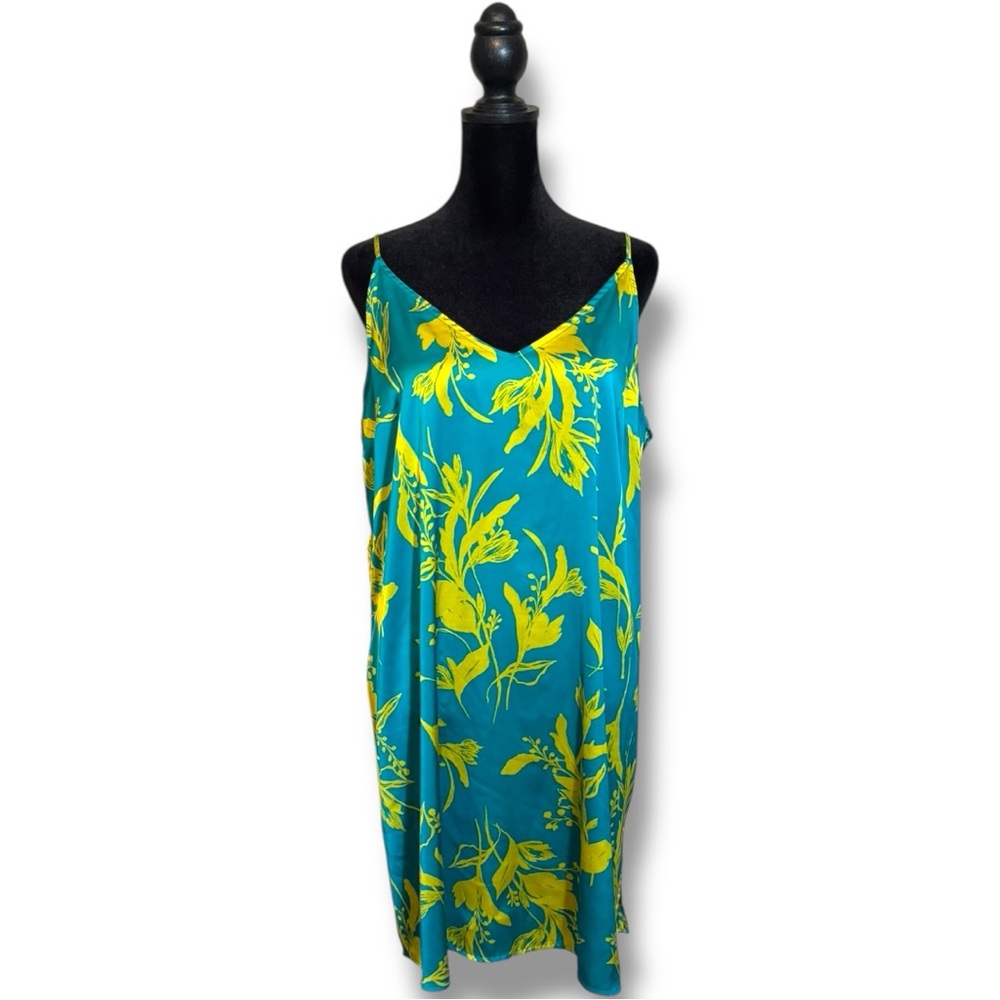 Stars Above Teal/Yellow Silky Floral Tropical Print Sleeveless Mini Slip Dress - Picture 3 of 16